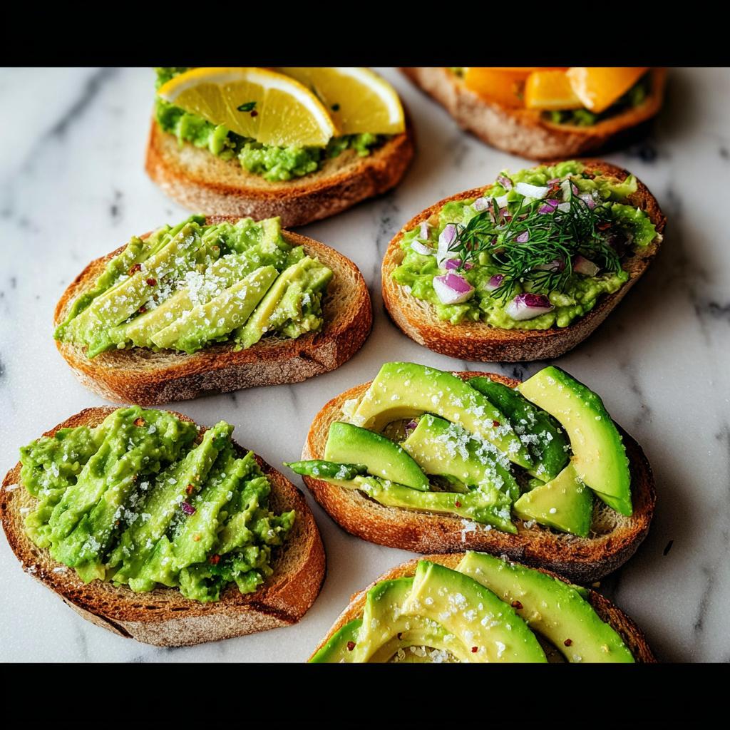 A variety of avocado toast toppings including sliced avocado, lemon, dill, and red onion.