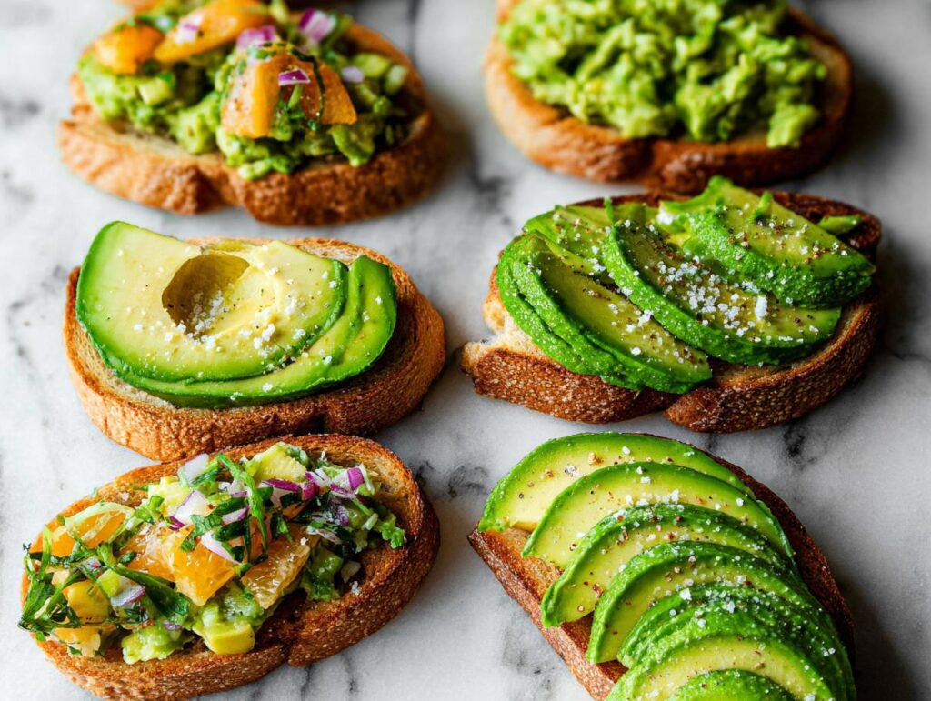 A variety of avocado toast options, including sliced avocado and mashed avocado with toppings.