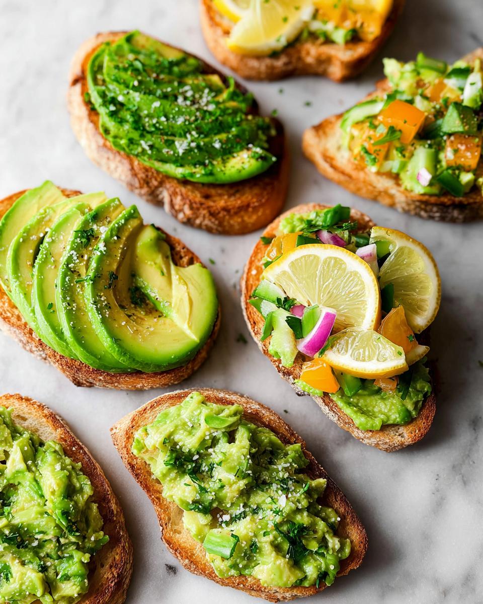 A variety of delicious avocado toast options, showcasing different toppings and avocado preparations.
