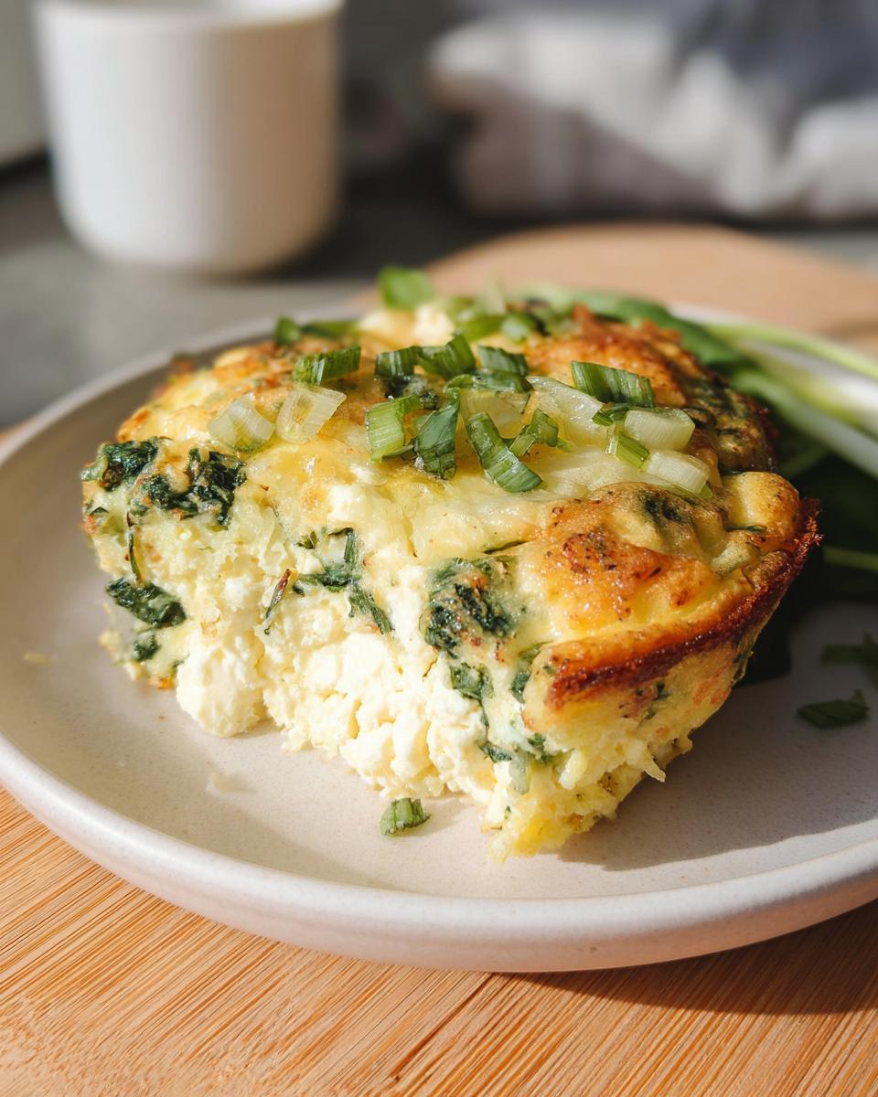 A slice of baked cottage cheese eggs with spinach and green onions on a plate, a perfect protein-rich breakfast.