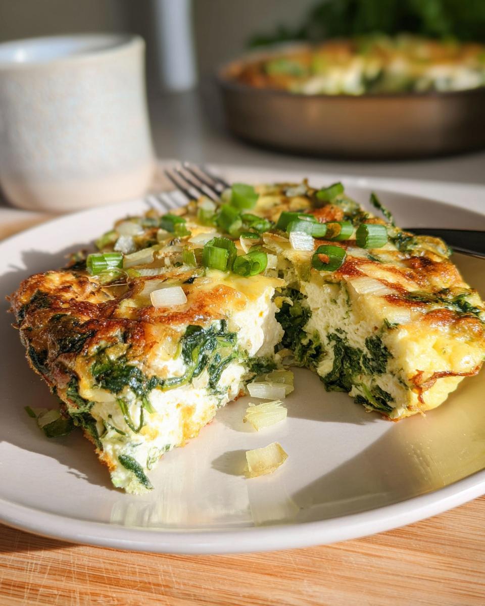 A slice of baked cottage cheese eggs with spinach and green onions on a plate, ready to eat.