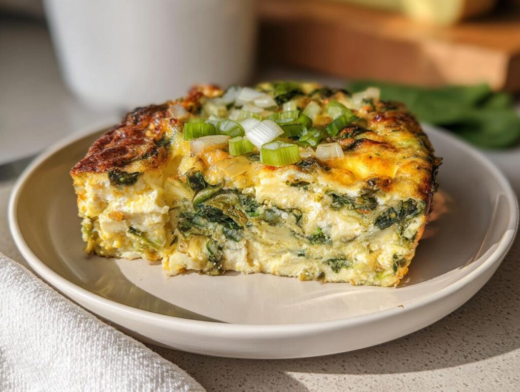 A slice of baked cottage cheese eggs with spinach and green onions on a plate, showcasing a protein-rich breakfast.