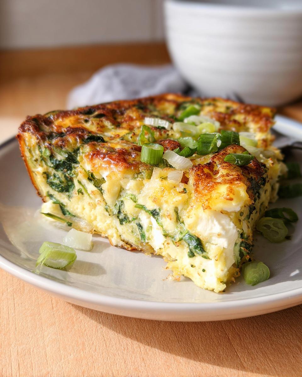 A slice of baked cottage cheese eggs with spinach and green onions, a perfect protein-rich breakfast.
