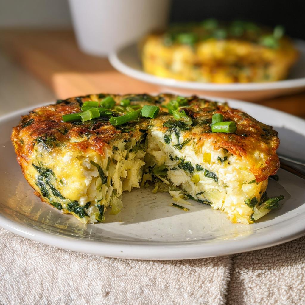 A slice of baked cottage cheese eggs with spinach and green onions, a perfect protein breakfast.
