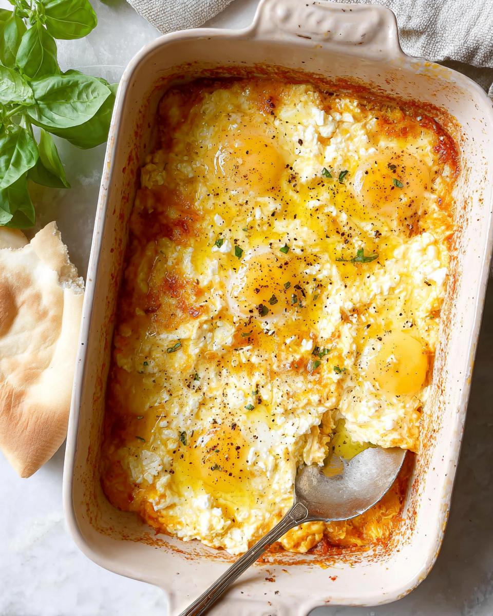 Close-up of baked feta eggs in a casserole dish, drizzled with olive oil and sprinkled with herbs, with pita bread and basil nearby.