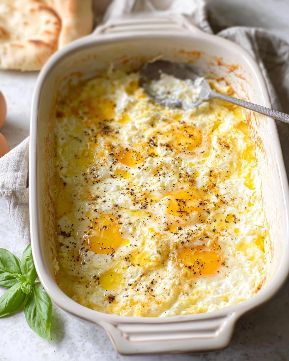 A close-up of baked feta eggs in a white baking dish, seasoned with black pepper and herbs.