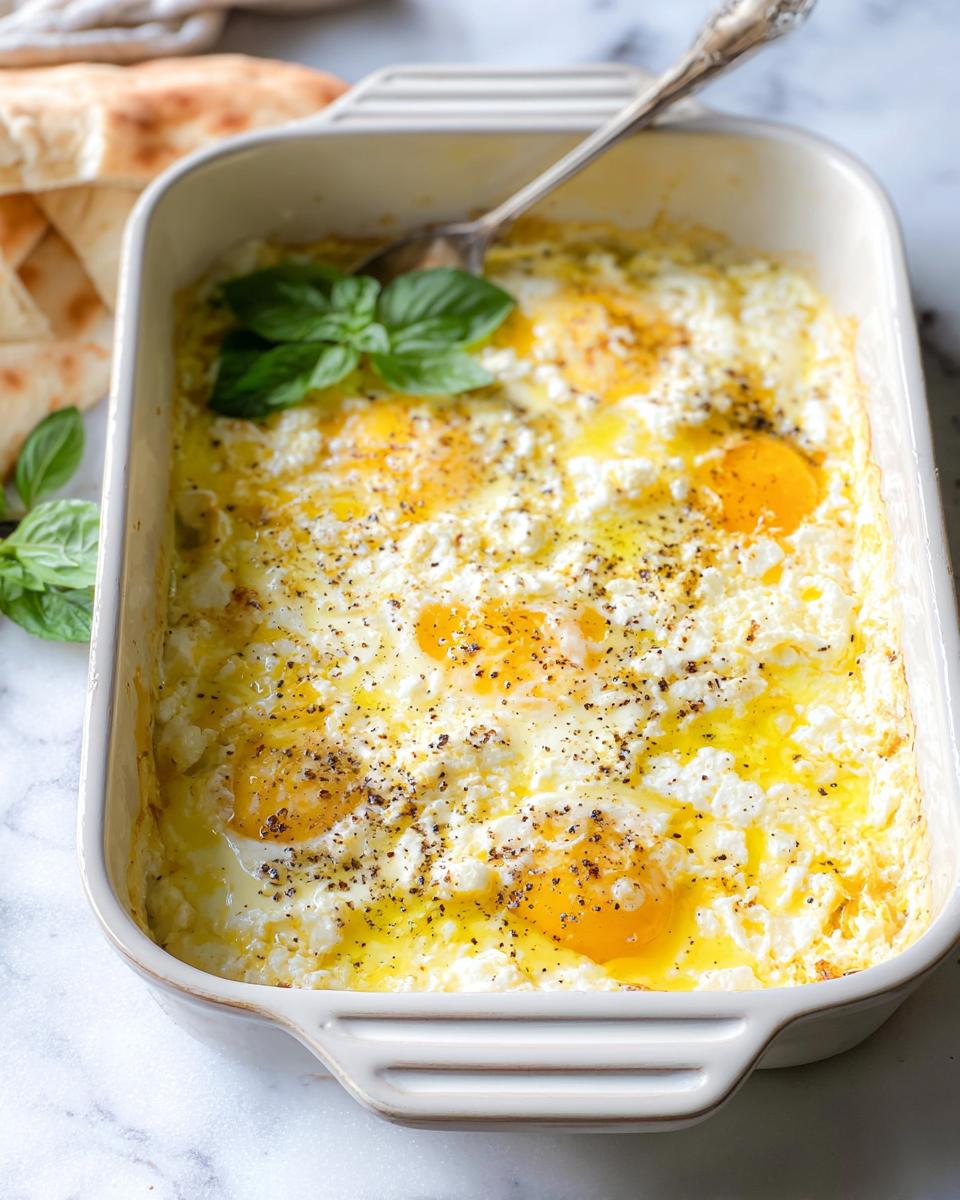 A close-up of baked feta eggs in a baking dish, topped with fresh basil and cracked black pepper.
