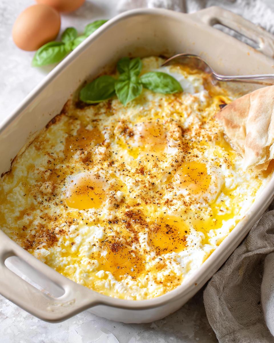 Close-up of Baked Feta Eggs with runny yolks in a baking dish, sprinkled with spices and garnished with basil.