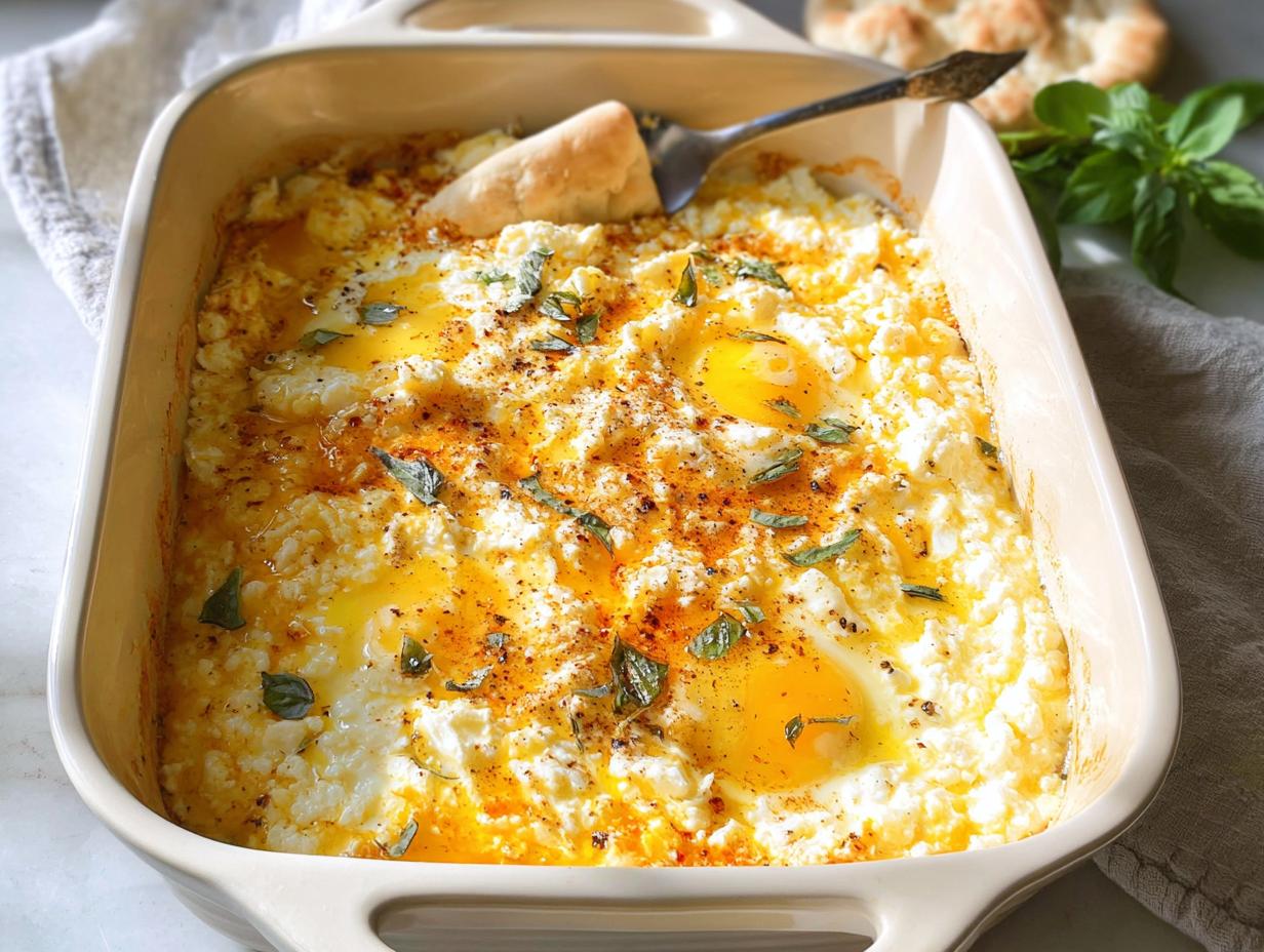 Close-up of baked feta eggs in a baking dish, with runny yolks and fresh herbs.