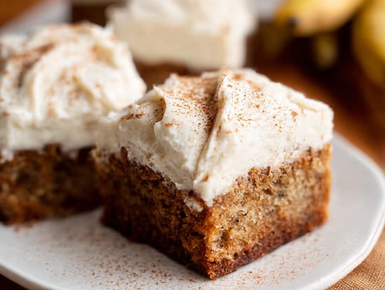 Close-up of a square Banana Bread Brownie Made Easy, topped with creamy frosting and a dusting of cinnamon.