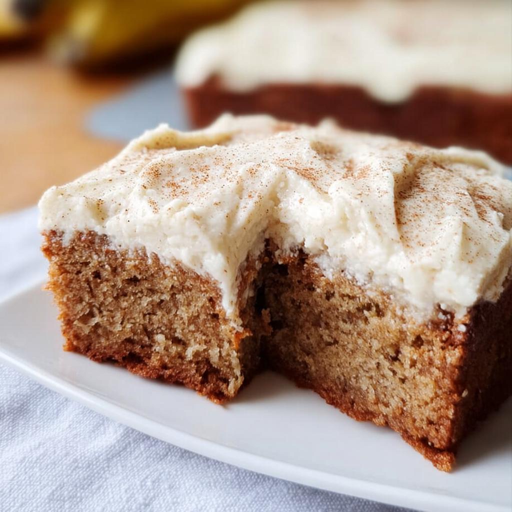 A slice of moist Banana Bread Brownies Made Easy, topped with fluffy cream cheese frosting and a sprinkle of cinnamon.