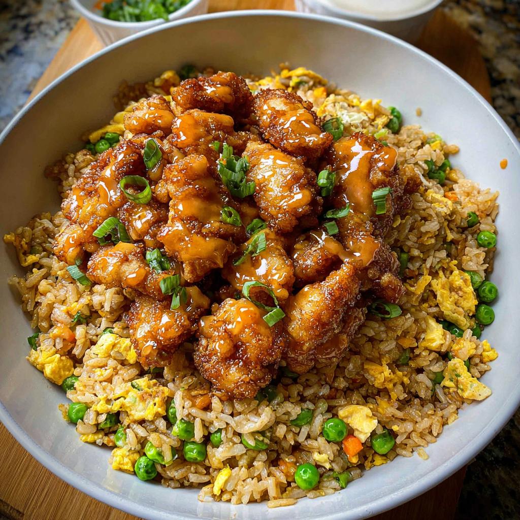 A close-up of a bowl of Bang Bang Fried Rice topped with crispy, glazed chicken pieces and green onions.