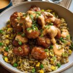 A bowl of Bang Bang Fried Rice topped with crispy fried chicken pieces and a creamy sauce, garnished with green onions.