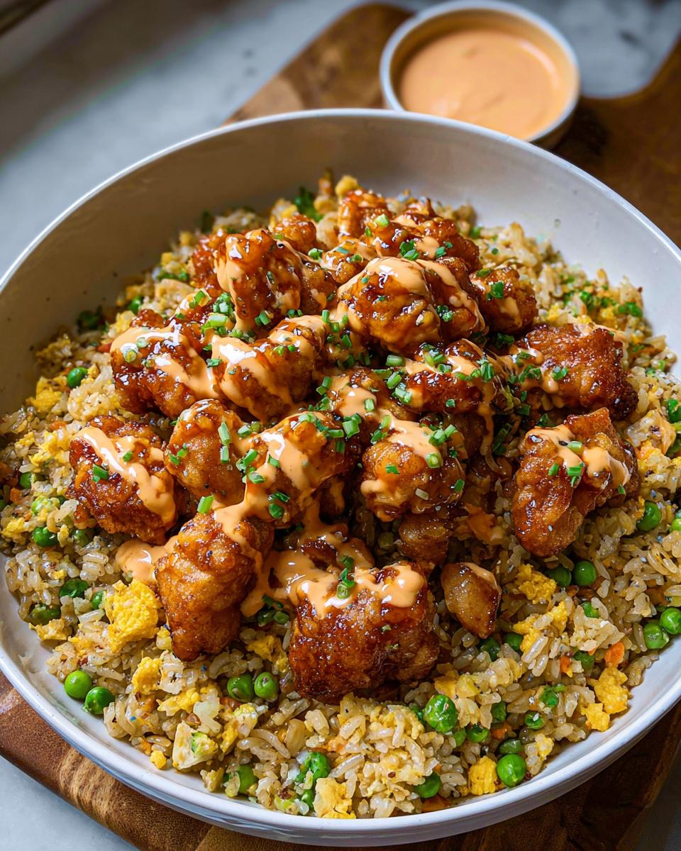 A bowl of Bang Bang Fried Rice topped with crispy fried chicken pieces drizzled with sauce and garnished with chives.