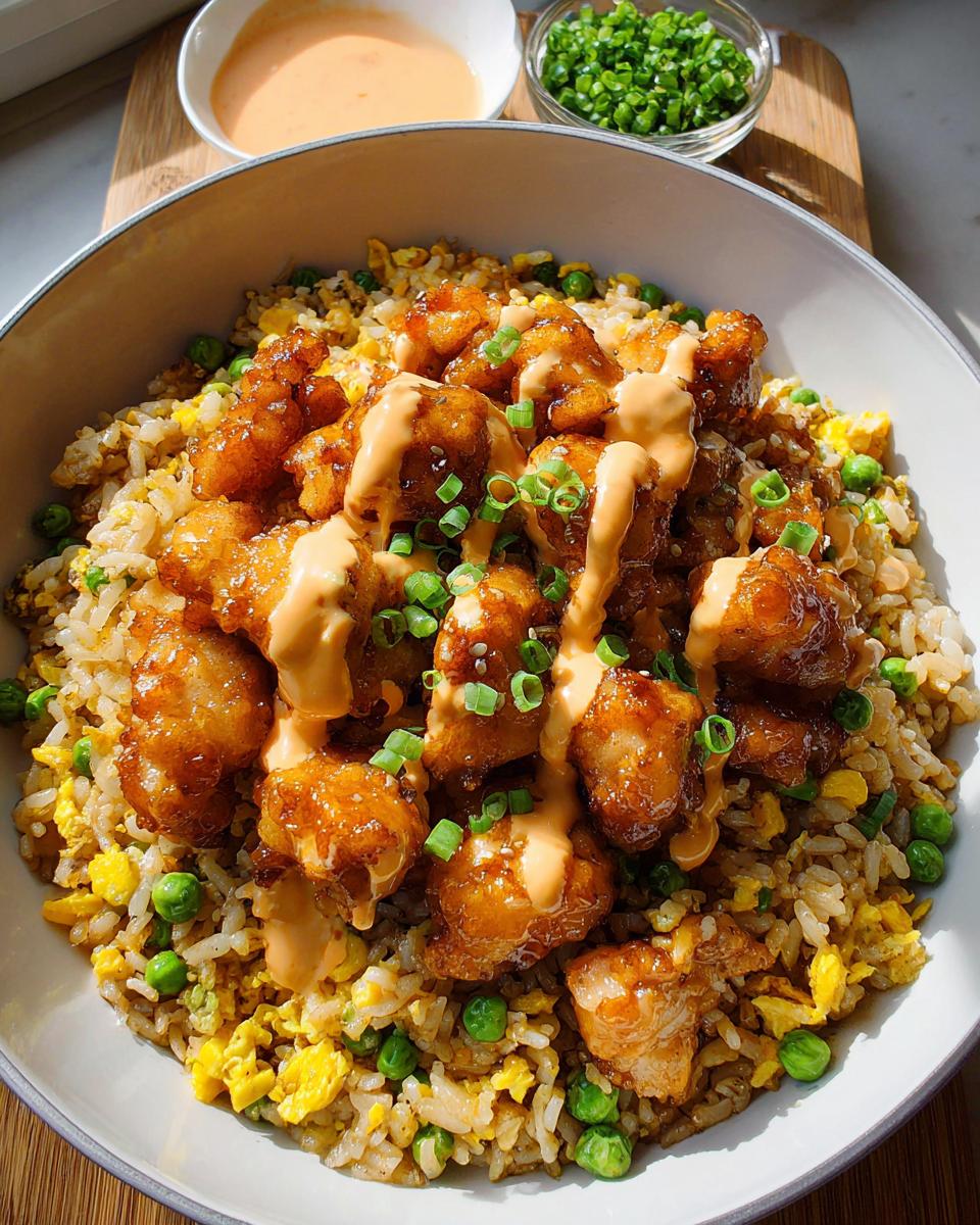 A bowl of Bang Bang Fried Rice topped with crispy fried chicken pieces and a drizzle of creamy sauce, garnished with green onions.