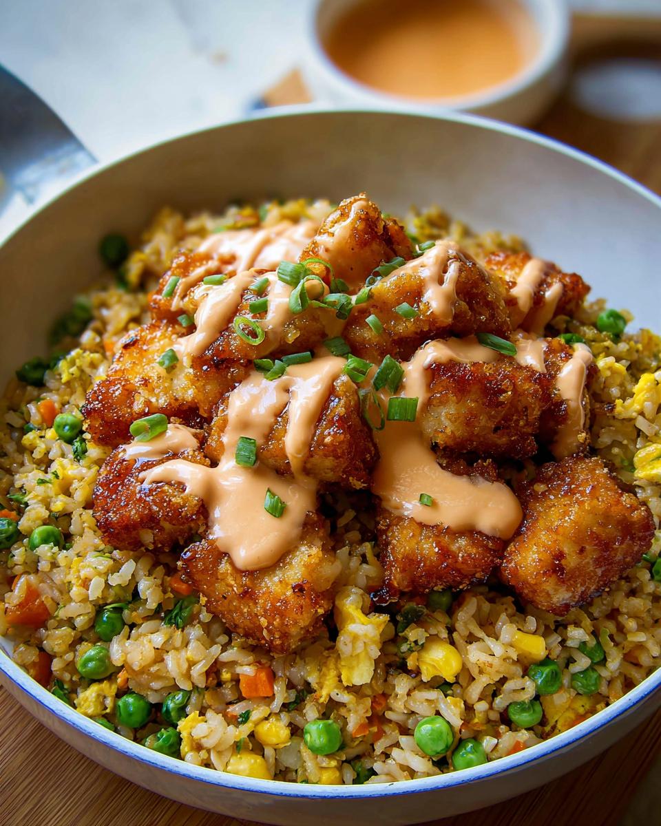 A bowl of Bang Bang Fried Rice topped with crispy chicken pieces drizzled with sauce and garnished with chives.