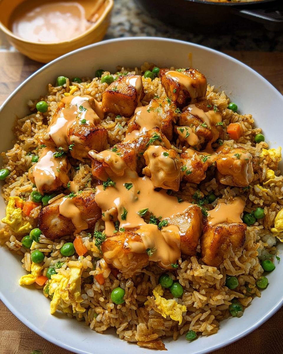 A bowl of Bang Bang Fried Rice topped with crispy chicken pieces drizzled with sauce and garnished with parsley.