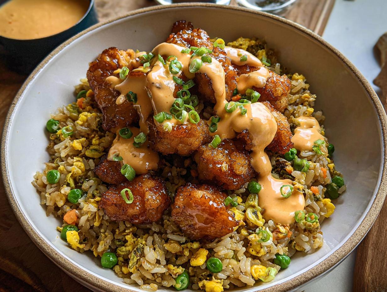 A bowl of Bang Bang Fried Rice topped with crispy fried chicken pieces and a creamy sauce, garnished with green onions.