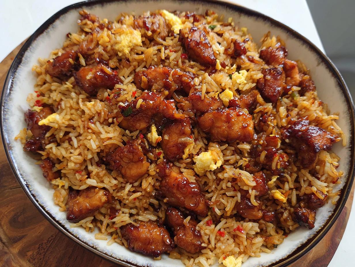 A close-up of a bowl filled with savory BBQ Chicken and Rice, featuring tender chicken pieces and fluffy rice.