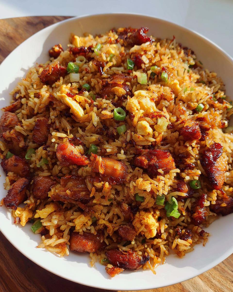 A close-up of a bowl filled with BBQ Chicken and Rice, featuring tender chicken pieces, scrambled egg, and green onions.