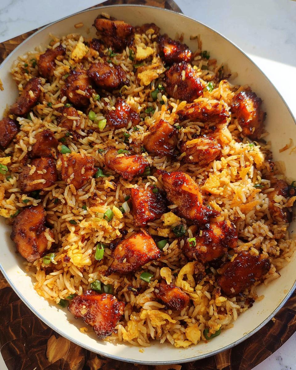 A close-up overhead view of a pan filled with BBQ Chicken and Rice, featuring tender chicken pieces and scrambled eggs.