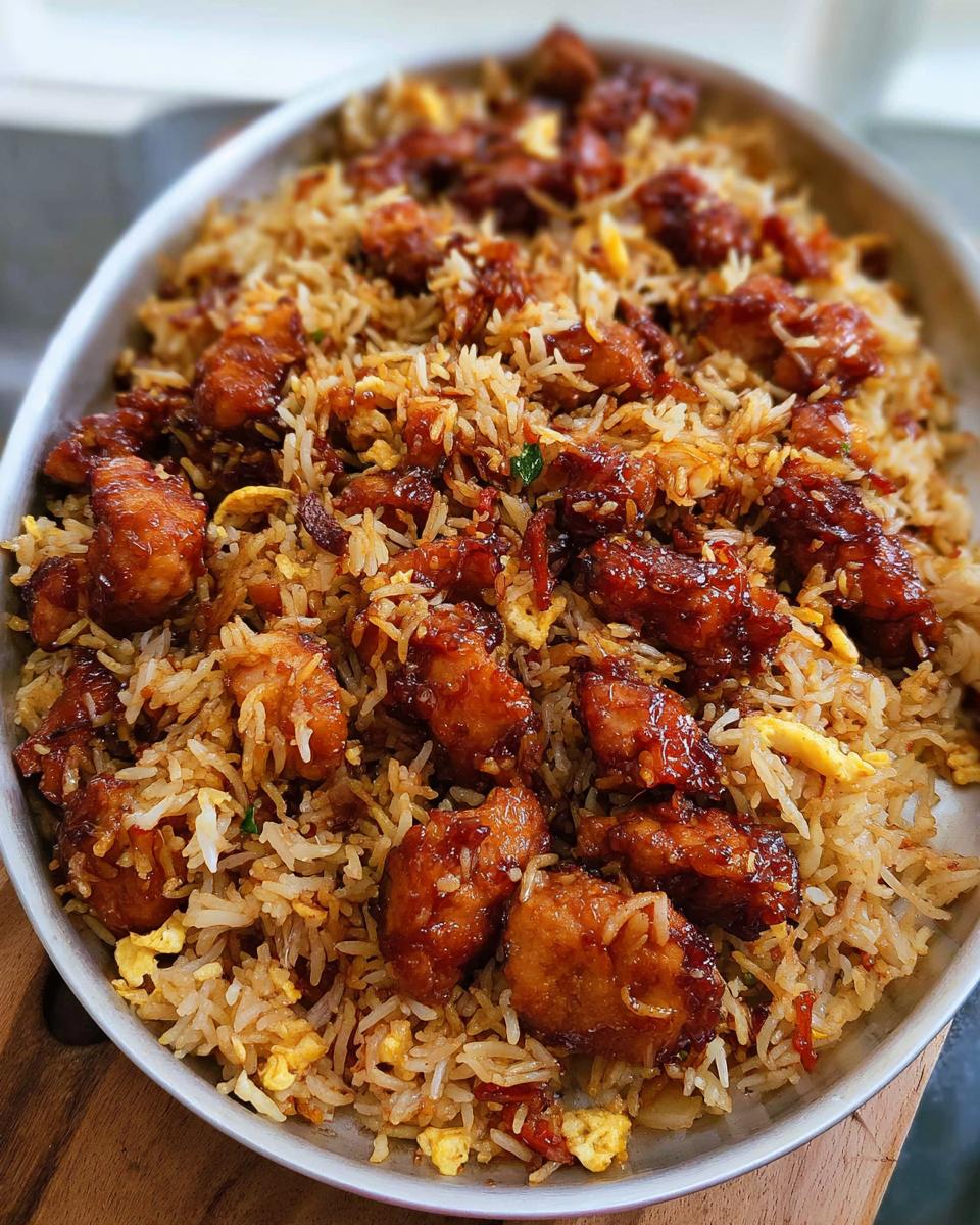 A close-up of a platter filled with BBQ Chicken and Rice, featuring glazed chicken pieces mixed with fried rice and scrambled egg.