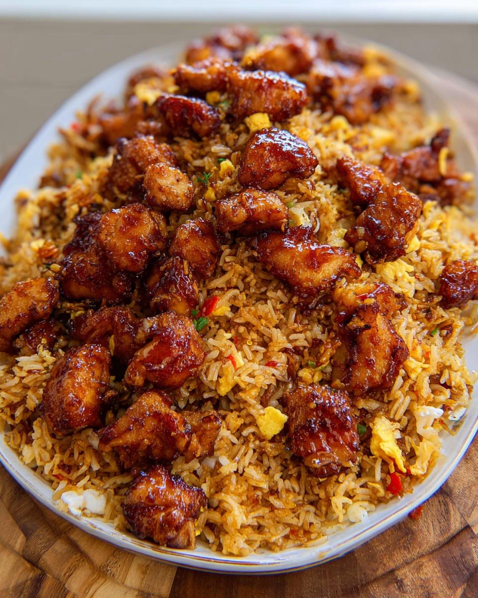 A generous platter of BBQ Chicken and Rice, featuring glazed chicken pieces atop seasoned fried rice with scrambled egg.