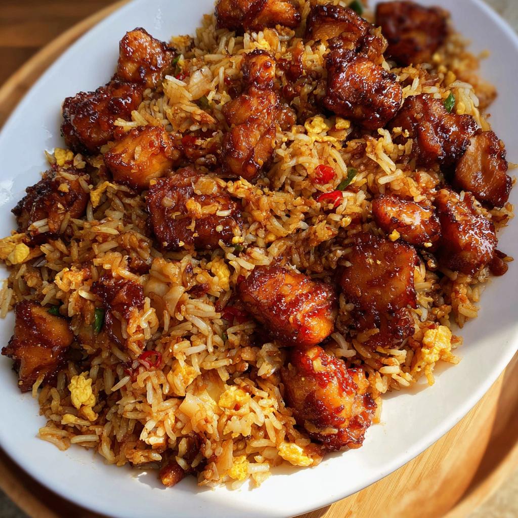 A close-up of a white platter filled with savory BBQ Chicken and Rice, featuring glazed chicken pieces atop seasoned fried rice.