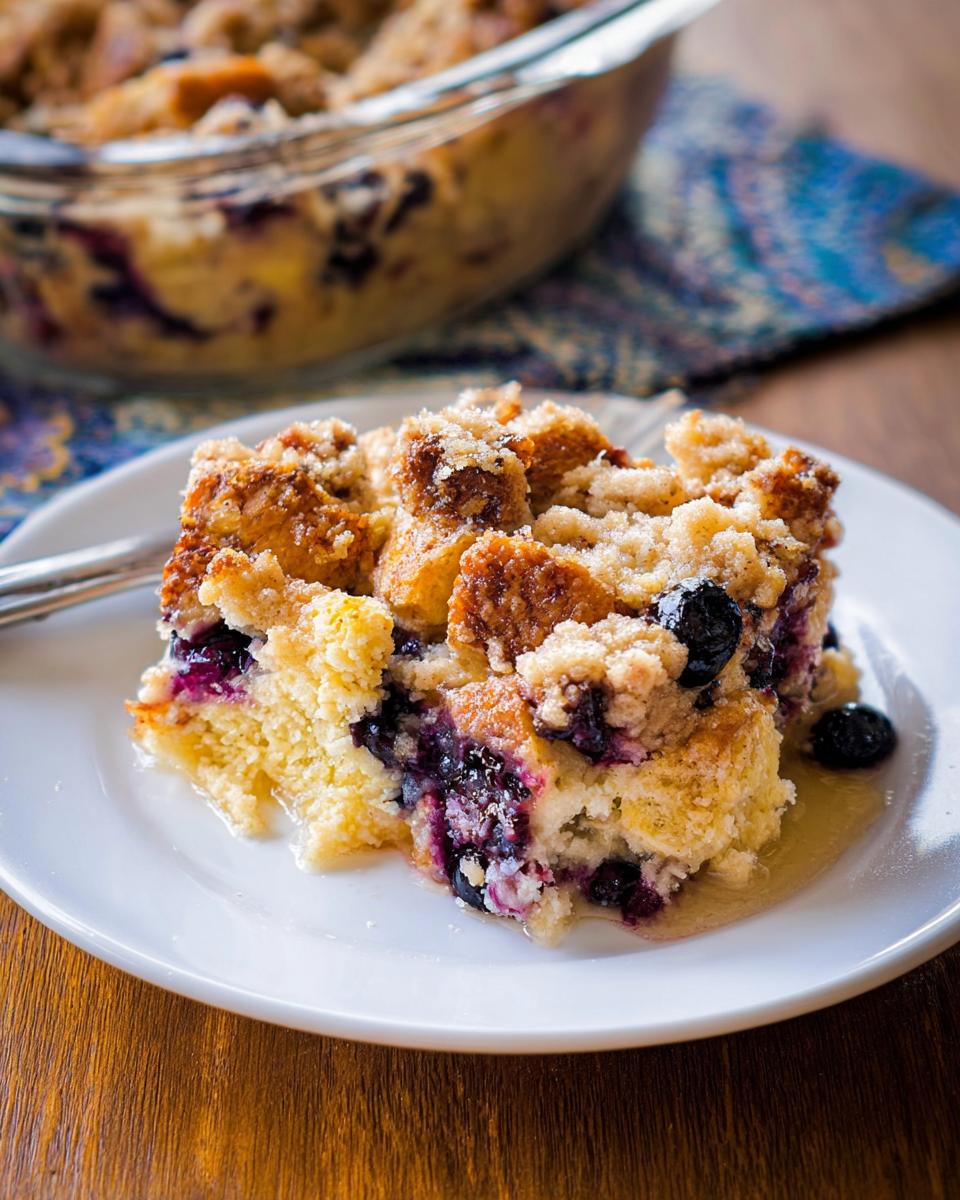 A delicious slice of Best Blueberry French Toast Casserole on a white plate, with blueberries and a crumb topping.