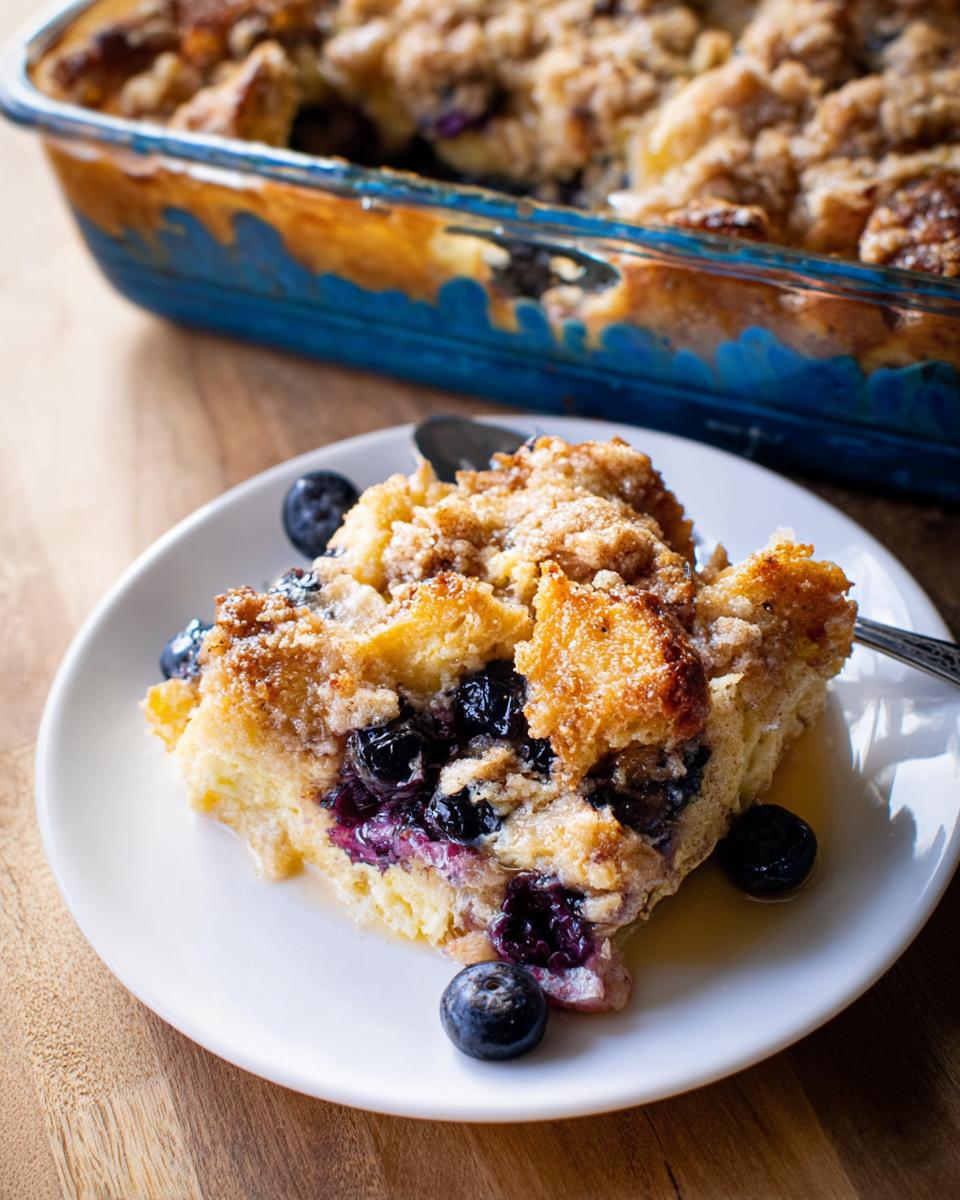 A delicious slice of Best Blueberry French Toast Casserole on a white plate, topped with streusel and fresh blueberries.