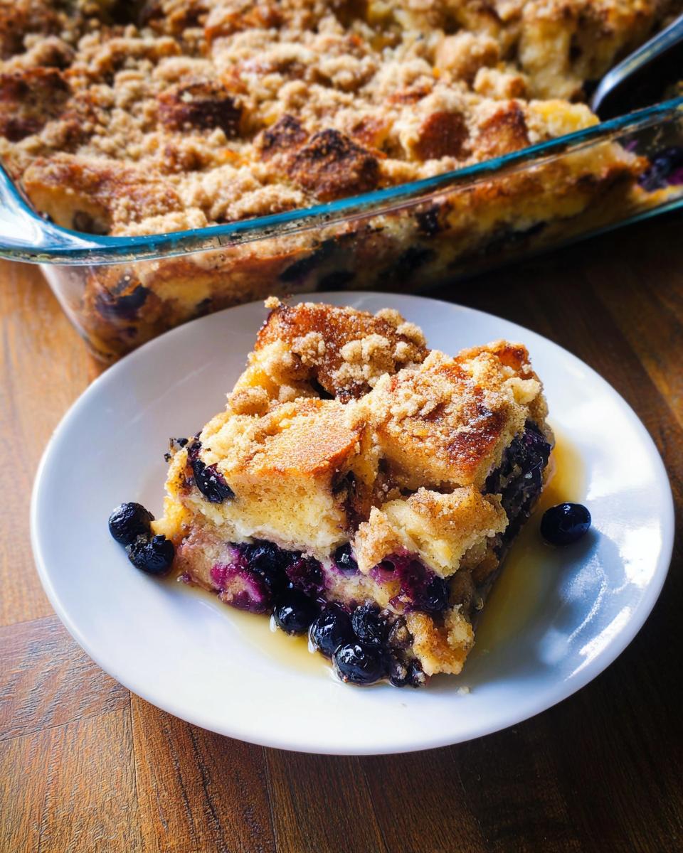 A delicious slice of Best Blueberry French Toast Casserole topped with crumble and fresh blueberries.