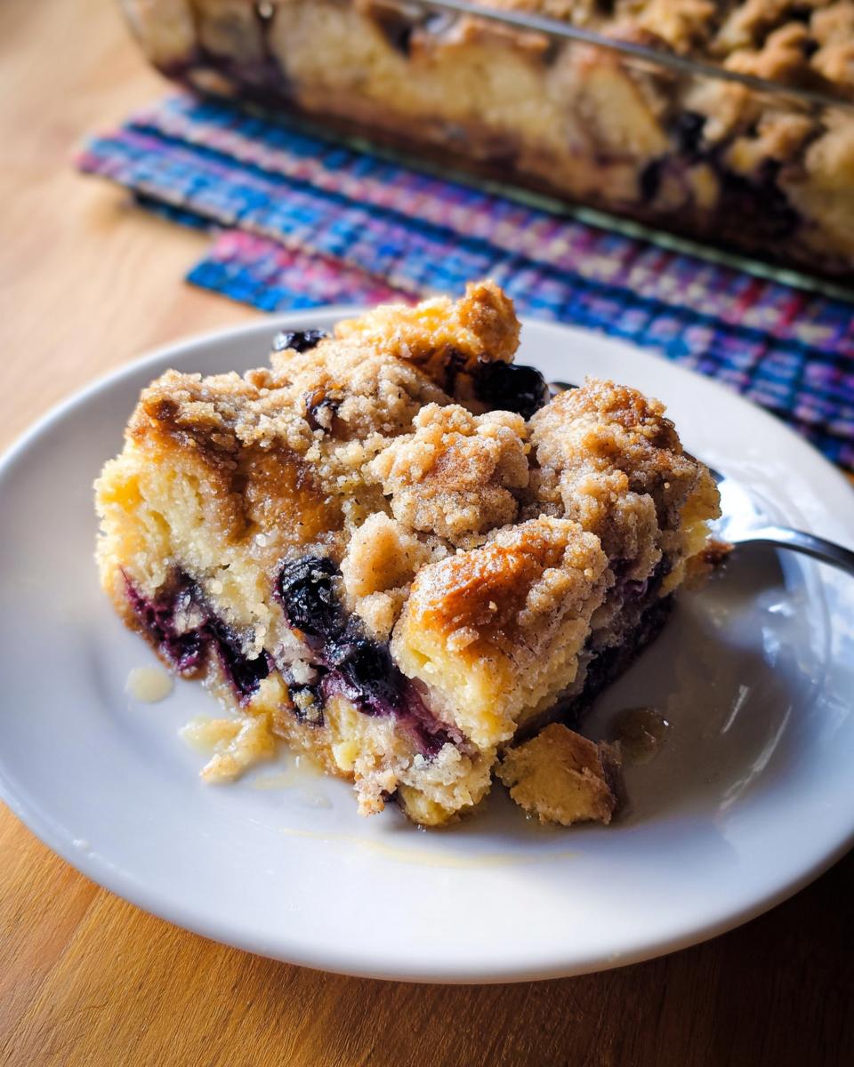 A delicious slice of Best Blueberry French Toast Casserole on a white plate, with a fork and the rest of the casserole in the background.