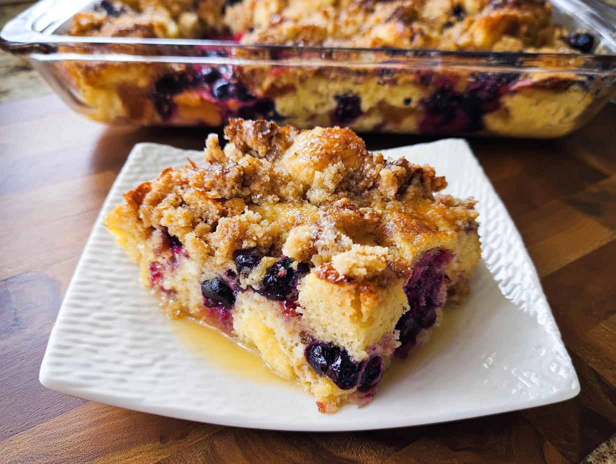 A delicious slice of Best Blueberry French Toast Casserole with a crumb topping and syrup.