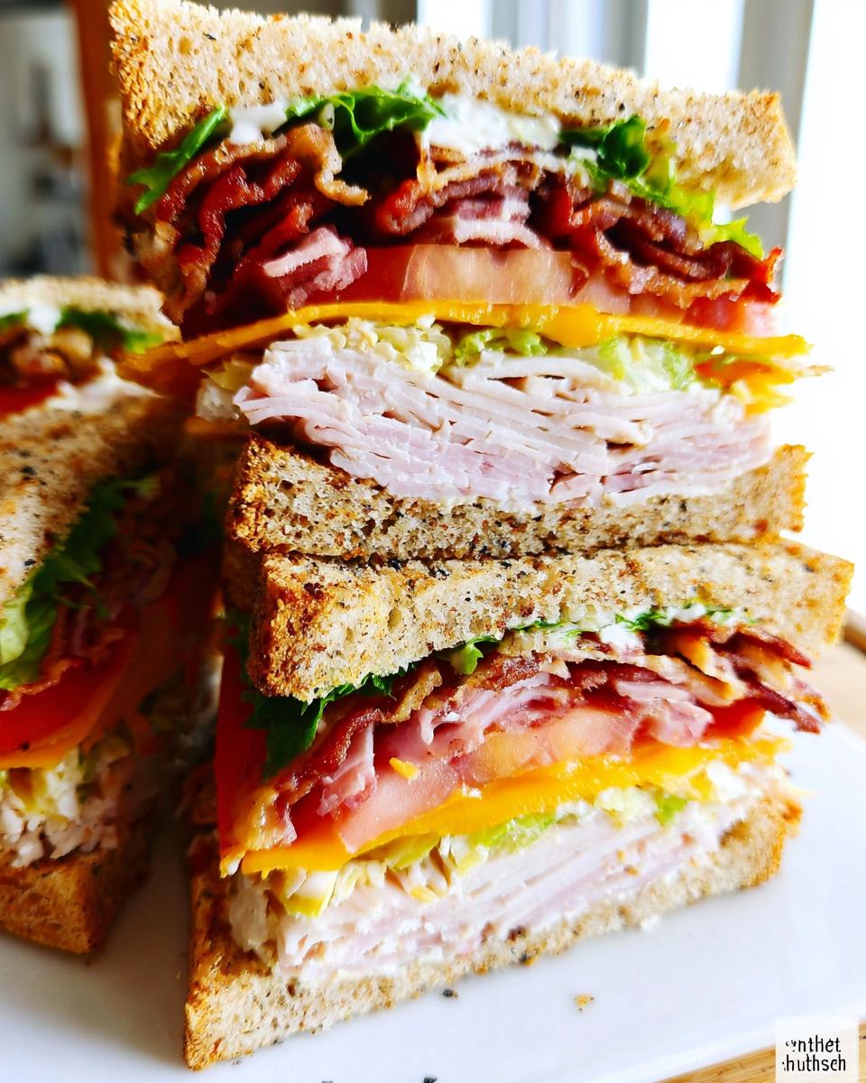 A tall stack of three Breakfast Club Sandwiches made with whole wheat bread, bacon, turkey, cheese, tomato, and lettuce.