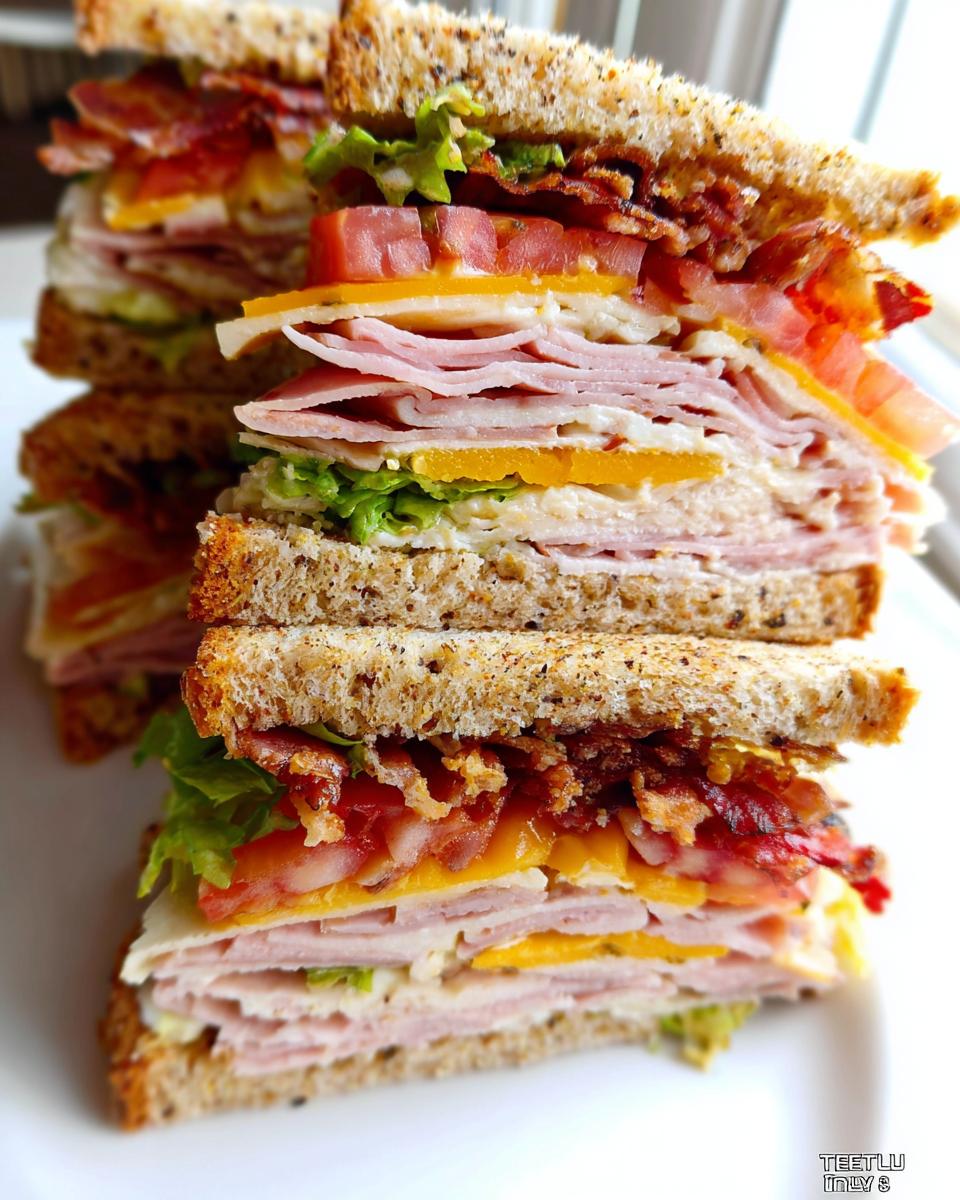 A tall stack of delicious Breakfast Club Sandwiches, featuring layers of bacon, ham, cheese, tomato, lettuce, and toast.