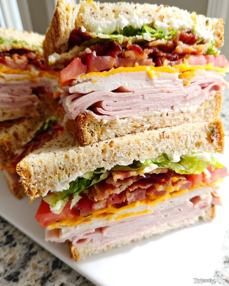 A tall stack of a delicious Breakfast Club Sandwich with layers of turkey, bacon, tomato, cheese, and lettuce on toasted bread.