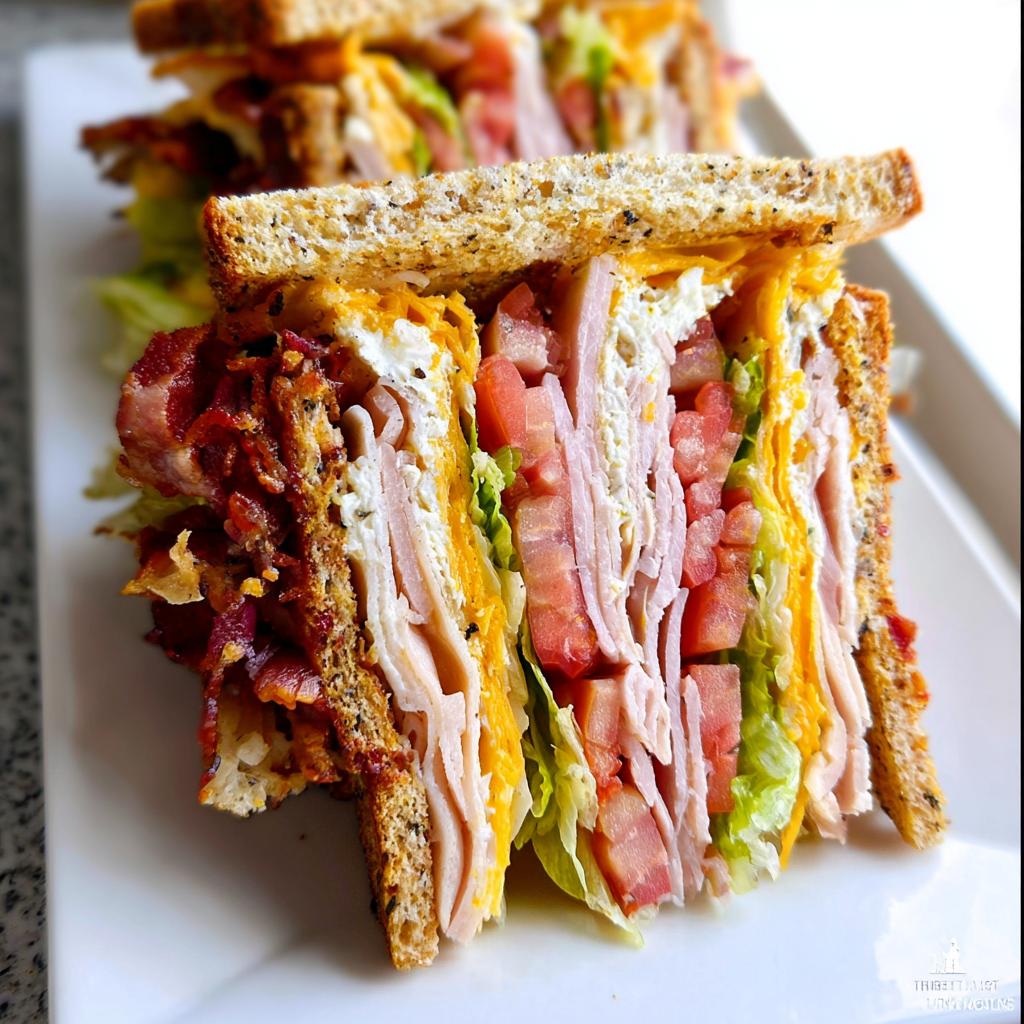 A tall, stacked Breakfast Club Sandwich with layers of bacon, turkey, cheese, tomato, and lettuce on toasted bread.