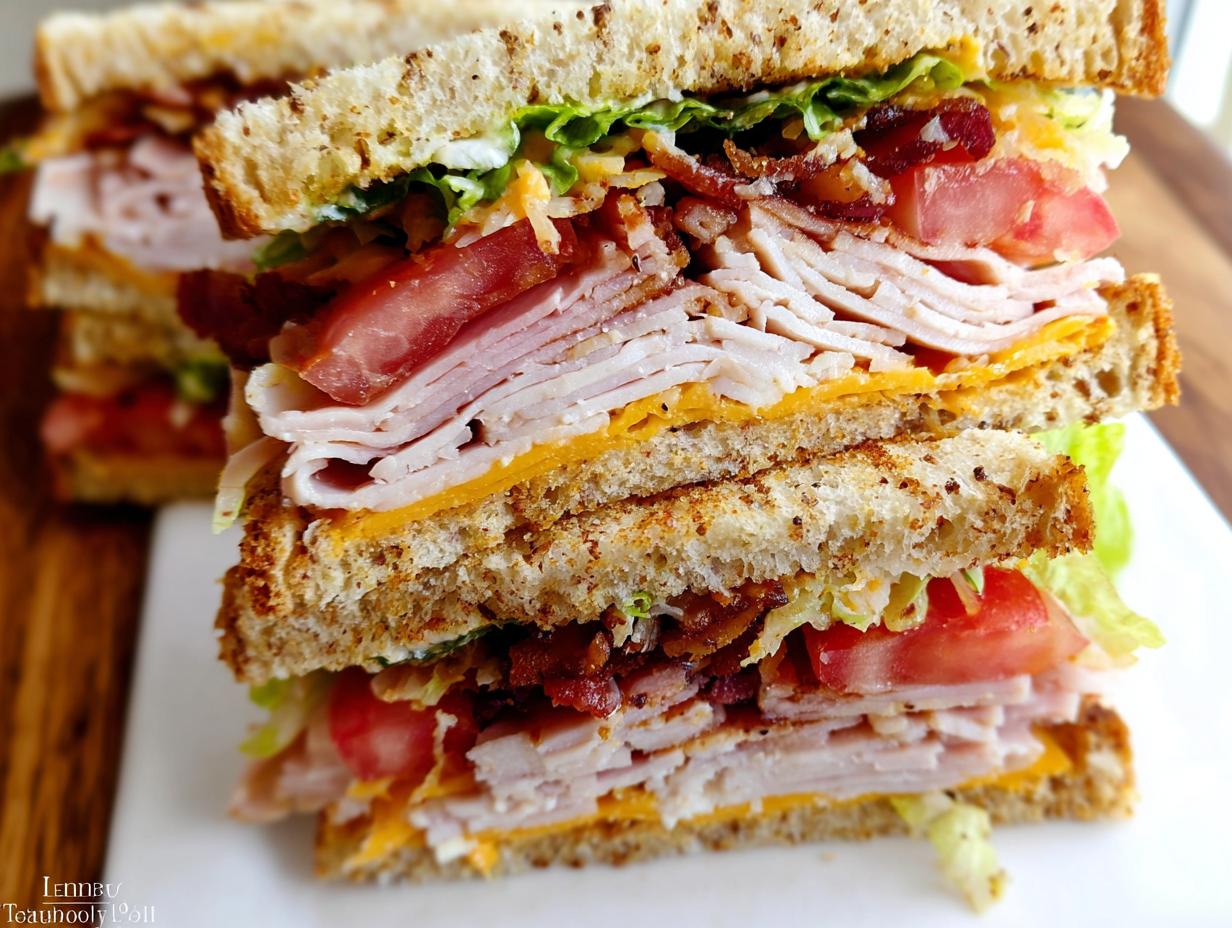 A tall, stacked Breakfast Club Sandwich with layers of turkey, bacon, tomato, lettuce, and cheese on toasted bread.