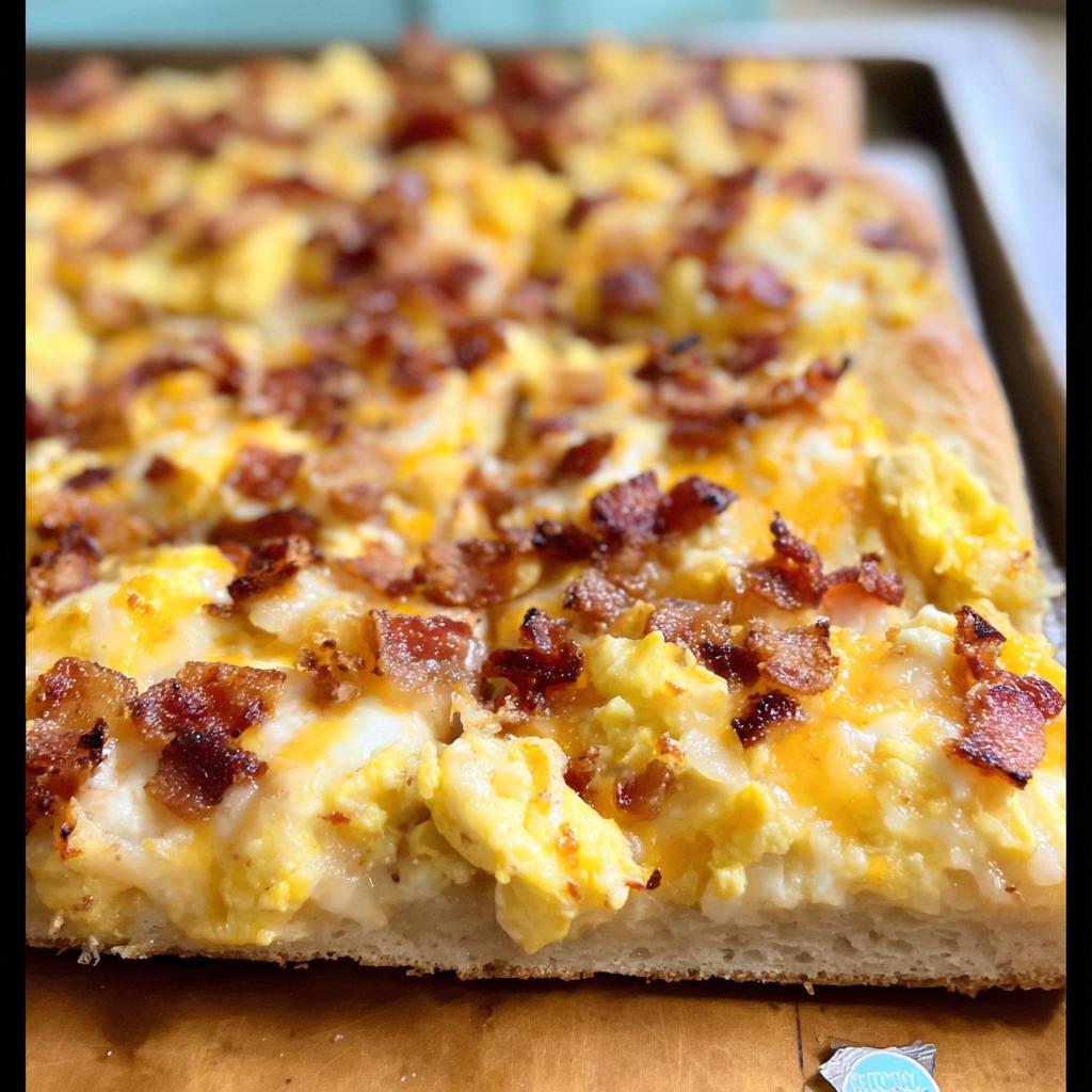 A close-up of a slice of breakfast pizza egg recipe topped with scrambled eggs, melted cheese, and crispy bacon.