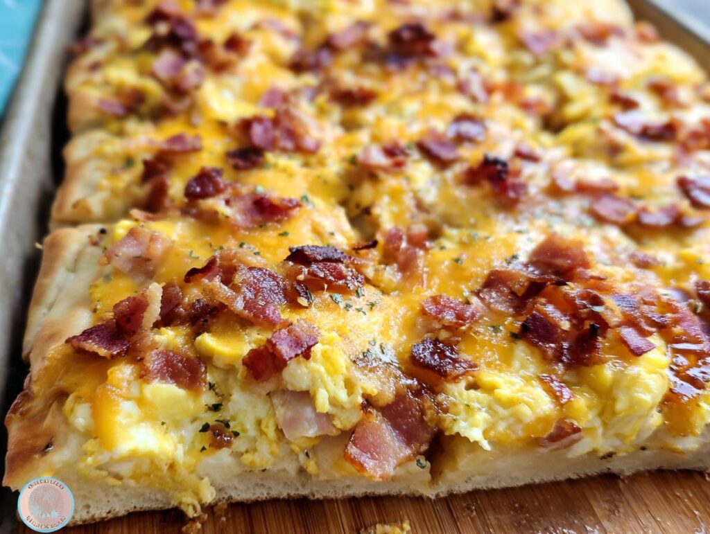 Close-up of a slice of breakfast pizza with scrambled eggs, melted cheese, and crispy bacon.