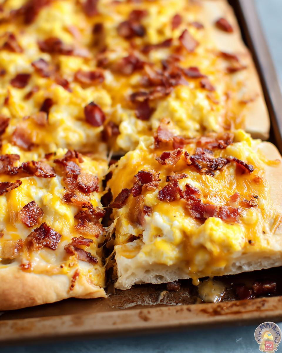 Close-up of a slice of breakfast pizza egg recipe topped with scrambled eggs, melted cheese, and crispy bacon.