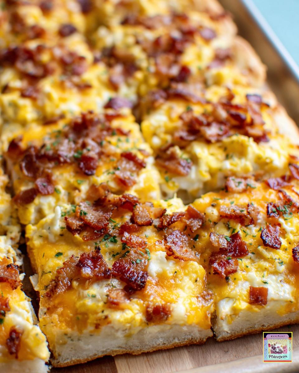 Close-up of a breakfast pizza egg recipe topped with scrambled eggs, melted cheese, and crispy bacon.
