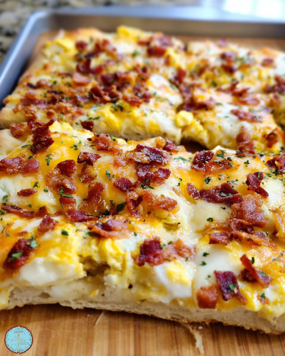 Close-up of a breakfast pizza egg recipe topped with scrambled eggs, melted cheese, and crispy bacon.