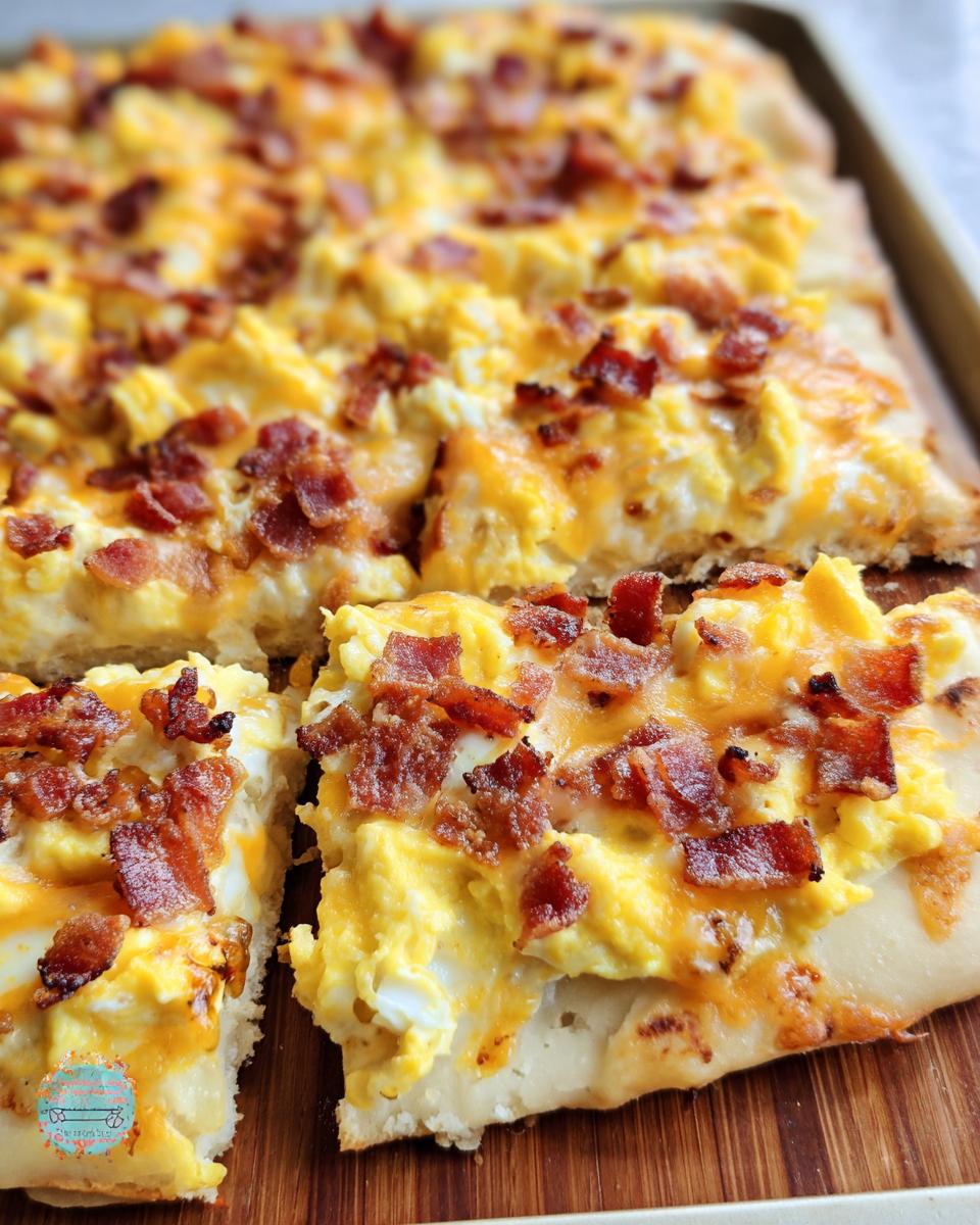 Close-up of a breakfast pizza egg recipe topped with scrambled eggs, melted cheese, and crispy bacon bits.