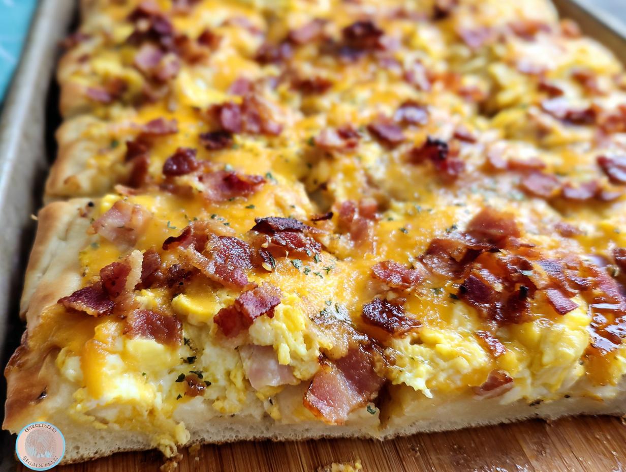Close-up of a slice of breakfast pizza with scrambled eggs, melted cheese, and crispy bacon.