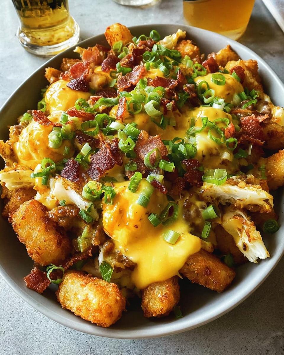A hearty bowl of Breakfast Poutine with Hollandaise Sauce, topped with crispy bacon and green onions.
