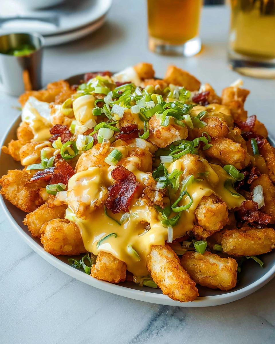 A plate of Breakfast Poutine with crispy tater tots, cheese curds, bacon, and hollandaise sauce, topped with green onions.