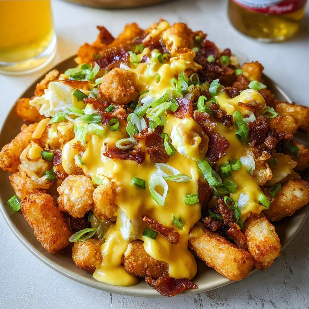 A plate of Breakfast Poutine with Hollandaise Sauce, topped with crispy tater tots, scrambled eggs, bacon, and green onions.