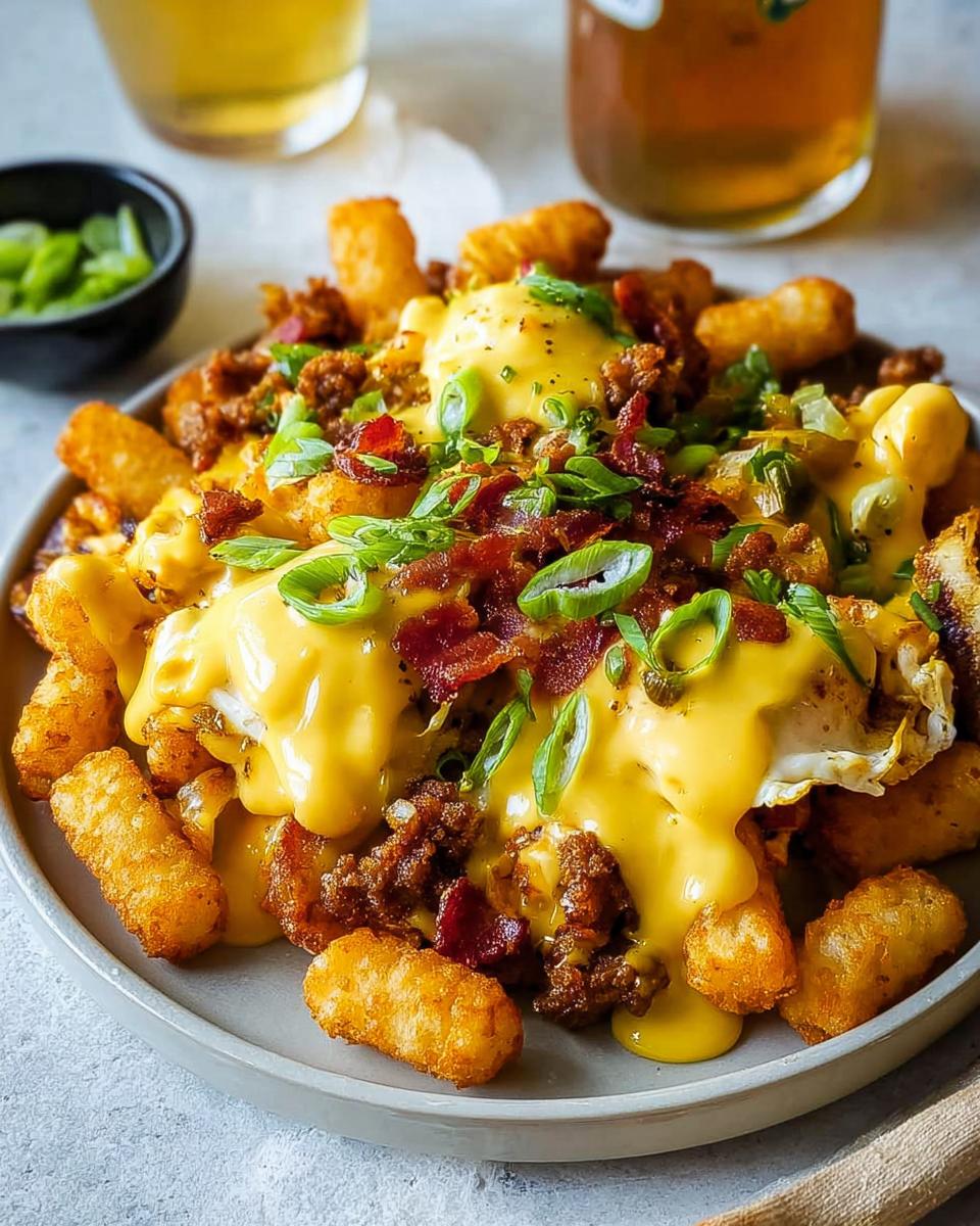 A hearty plate of Breakfast Poutine with Hollandaise Sauce, featuring crispy tater tots, crumbled sausage, bacon, and green onions.