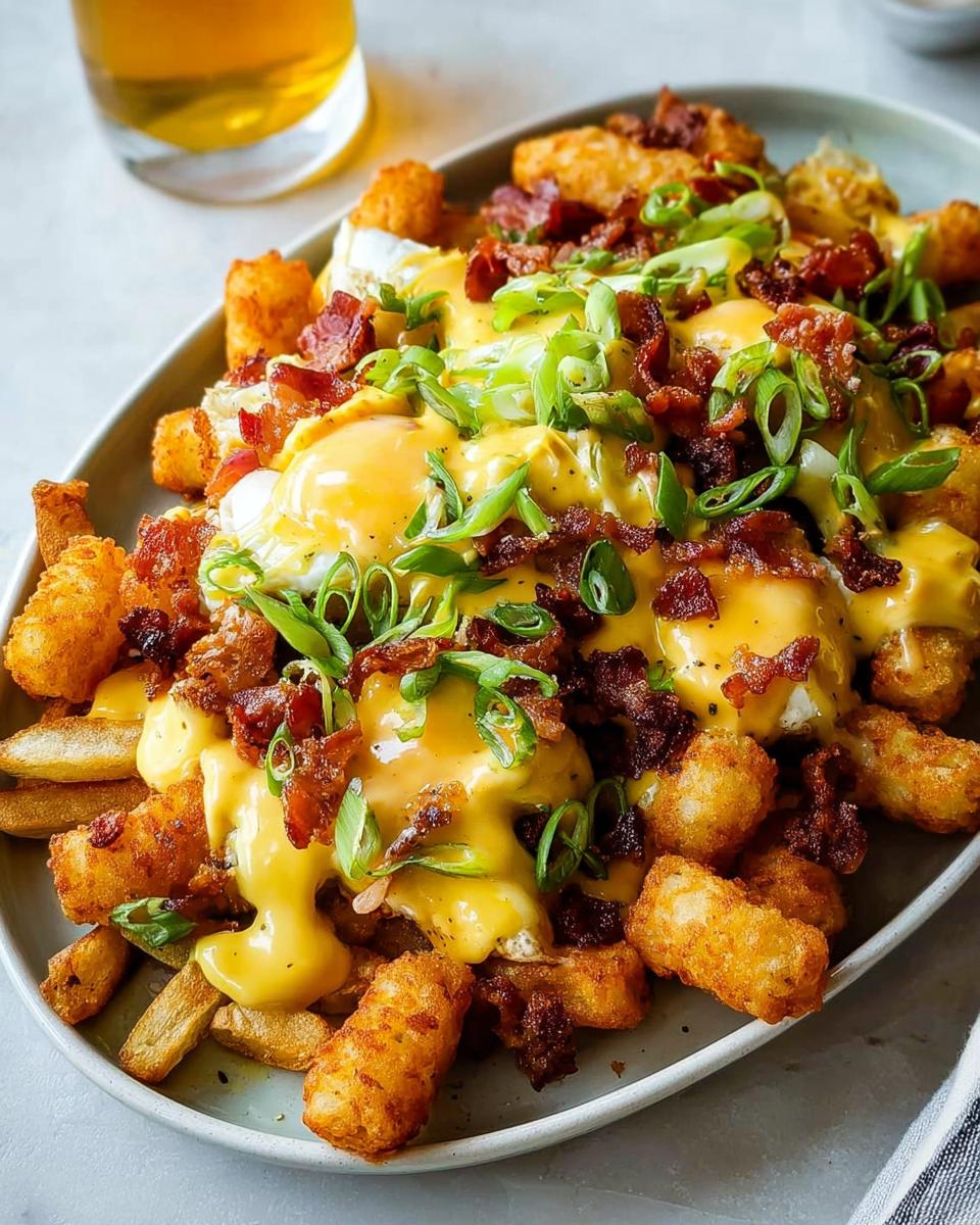 A hearty plate of Breakfast Poutine with Hollandaise Sauce, featuring crispy tater tots, french fries, fried eggs, bacon, and green onions.